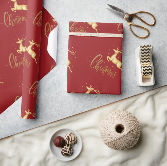 Papier Cadeau Papier d'enveloppement de rennes de Noël rouge et  (Artisanat)