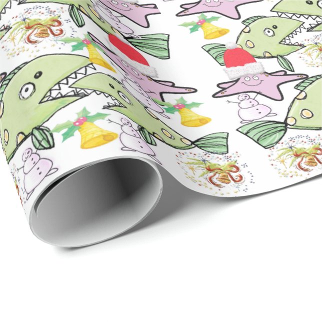 Papier Cadeau Papier d'enveloppement de requin de Noël (Coin rond)