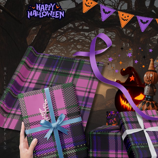 Papier Cadeau Papier d'enveloppement d'Halloween à plis violet e (Purple & Pink Plaid Halloween Wrapping Paper)