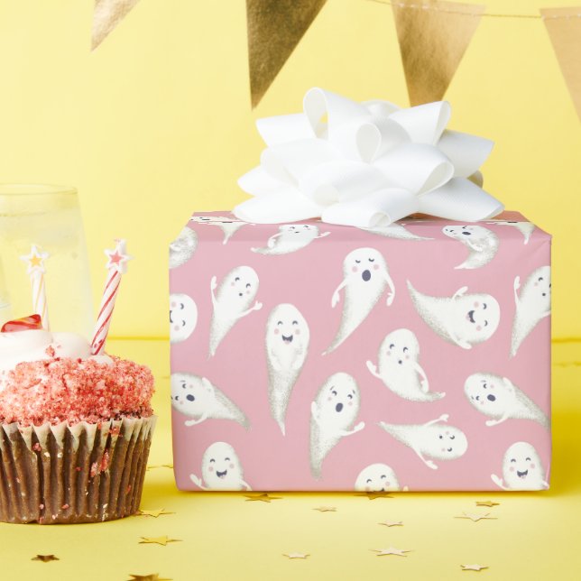 Papier Cadeau Papier d'enveloppement d'Halloween Pink Cute Ghost (Fête d'anniversaire)