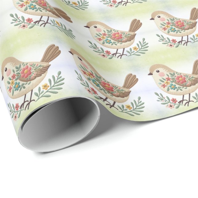 Papier Cadeau Papier d'enveloppement d'or floral Little Bird (Coin rond)