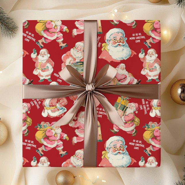 Papier Cadeau Papier d'enveloppement du Père Noël rétro en rouge (Retro Red Santa Claus-Nostalgic Christmas Gift Wrapping Set)