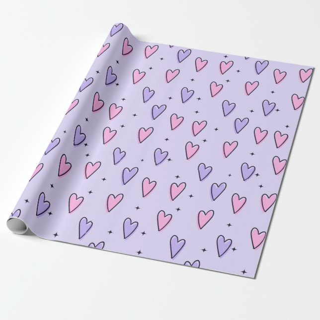 Papier Cadeau Papier d'enveloppement en forme de coeur rose et v (Déroulé)