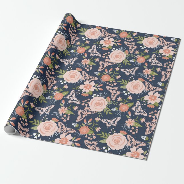 Papier Cadeau Papier d'enveloppement floral bleu et blanc de la  (Déroulé)