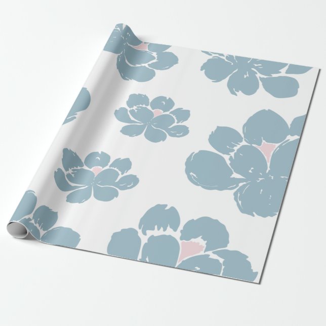 Papier Cadeau Papier d'enveloppement floral bleu et blanc élégan (Déroulé)