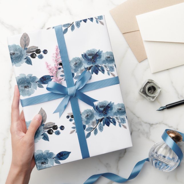Papier Cadeau Papier d'enveloppement floral bleu poussiéreux (Cadeaux)