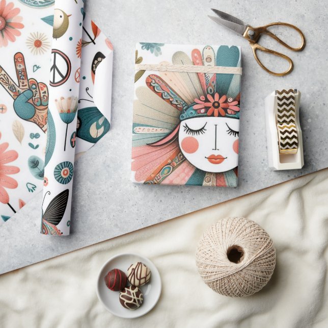 Papier Cadeau Papier d'enveloppement floral de Boho Peace & Love (Artisanat)