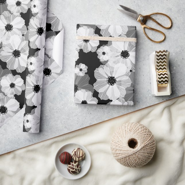 Papier Cadeau Papier d'enveloppement floral noir et blanc (Artisanat)