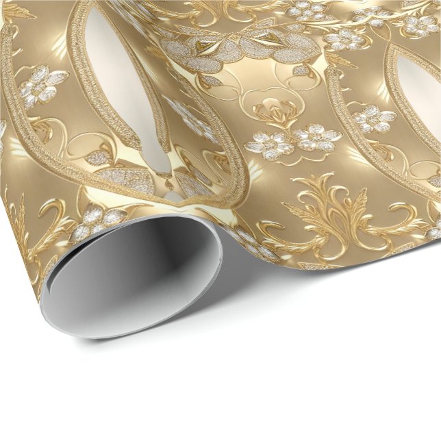 Papier Cadeau Papier d'enveloppement Floral Orné Or (Coin rond)