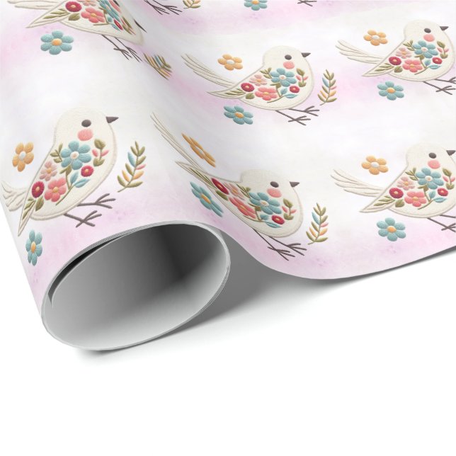 Papier Cadeau Papier d'enveloppement floral petit oiseau blanc (Coin rond)