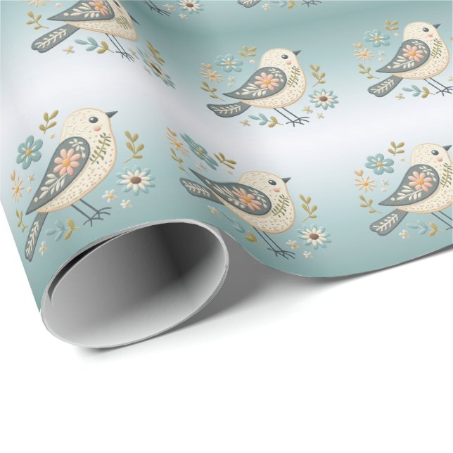 Papier Cadeau Papier d'enveloppement Floral Petit Oiseau Vert (Coin rond)