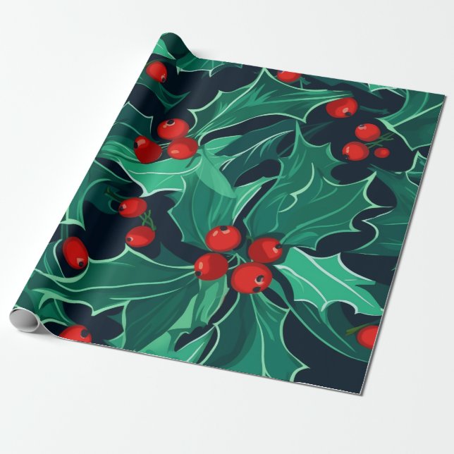Papier Cadeau Papier d'enveloppement Holly et Berries (Déroulé)