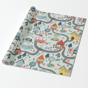 Papier Cadeau Papier d'enveloppement illustré de carte de villag