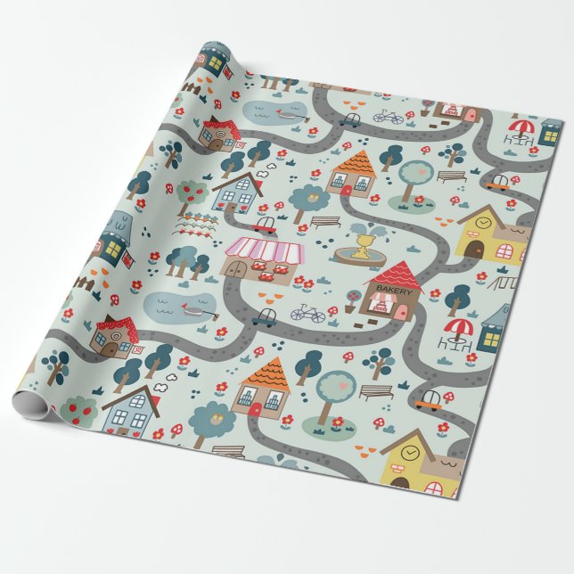 Papier Cadeau Papier d'enveloppement illustré de carte de villag (Déroulé)