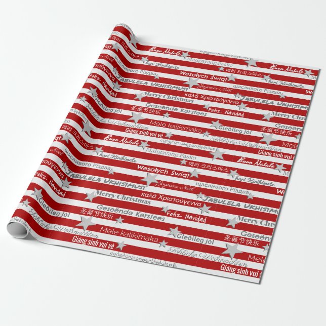 Papier Cadeau Papier d'enveloppement multilingue rouge de Noël (Déroulé)