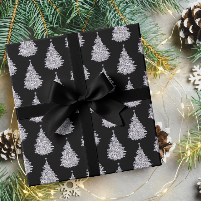 Papier Cadeau Papier d'enveloppement noir et blanc de Noël (Christmas Black & White Tree Wrapping Paper )
