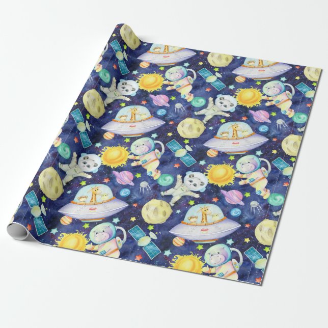 Papier Cadeau Papier d'enveloppement pour animaux spatiaux (Déroulé)