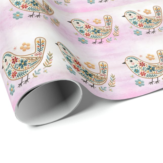 Papier Cadeau Papier d'enveloppement rose fleuri Little Bird (Coin rond)