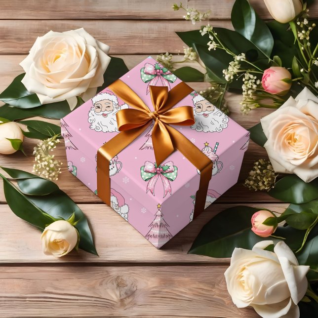 Papier Cadeau Papier d'enveloppement rose Santa Claus super (Groovy Retro Pink Santa Claus Wink Wrapping Paper)
