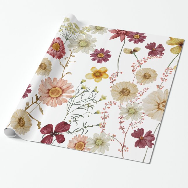 Papier Cadeau Papier d'enveloppement Rustique Fleur sauvage aqua (Déroulé)