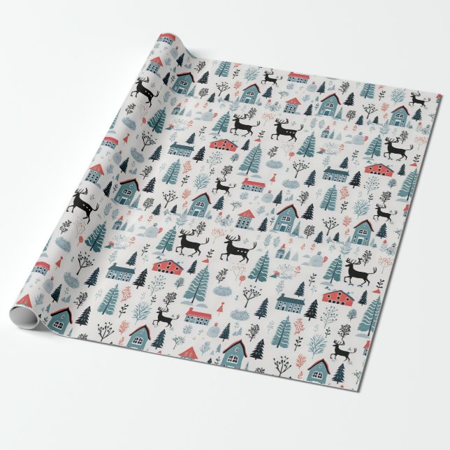Papier Cadeau Papier d'enveloppement Scène de Noël scandinave (Déroulé)