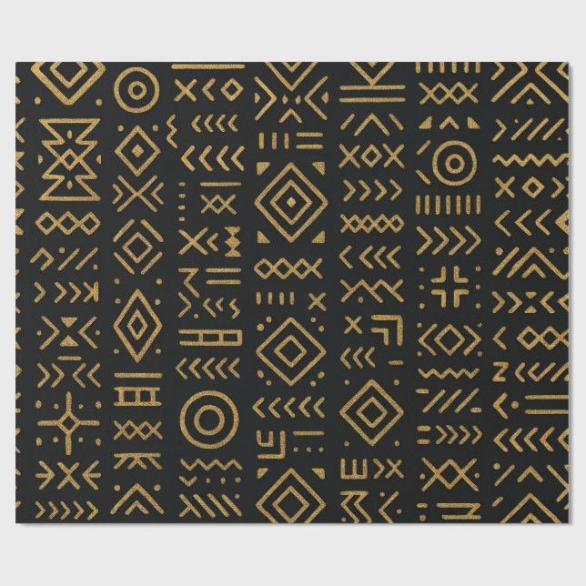 Papier Cadeau Papier d'enveloppement Tribal Noir & Or Afro Luxe (Plat)