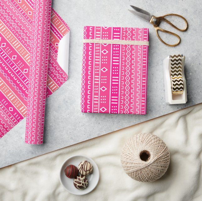 Papier Cadeau Papier d'enveloppement tribal rose moderne en tiss (Artisanat)
