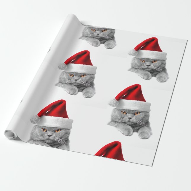 Papier Cadeau Papier enveloppant Chat gris de Noël avec chapeau  (Déroulé)