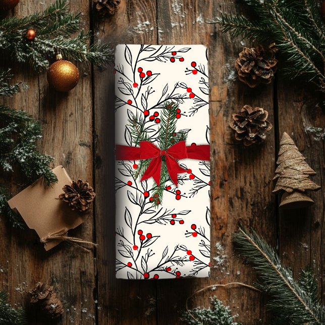 Papier Cadeau Papier Enveloppant Noël Avec Baies D'Hiver Rouges (Créateur téléchargé)