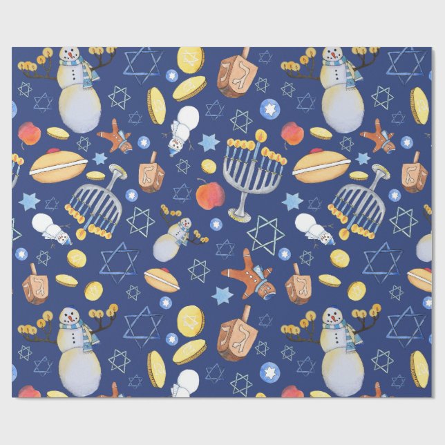 Papier Cadeau Papier Hanoukka Snowman et Menorah Wrapper (Plat)