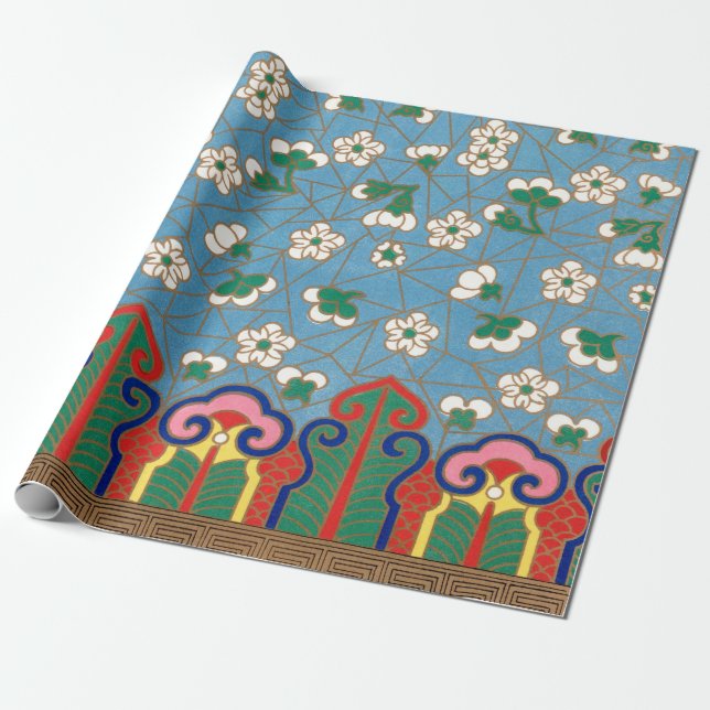 PAPIER CADEAU PAPIER MOTIF CHINOIS BLEU ET ROUGE (Déroulé)
