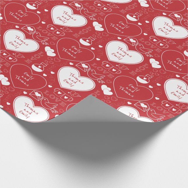 Papier Cadeau Papier Motif Valentine - Blanc sur rouge (Coin)