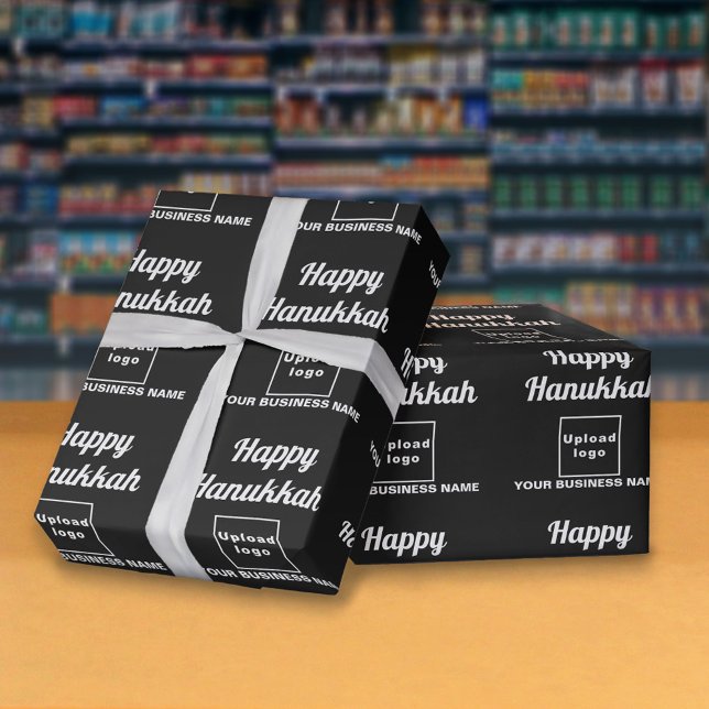 Papier Cadeau Papier noir d'emballage Hanoukka (Hanukkah greeting, business name and logo on black wrapping paper)