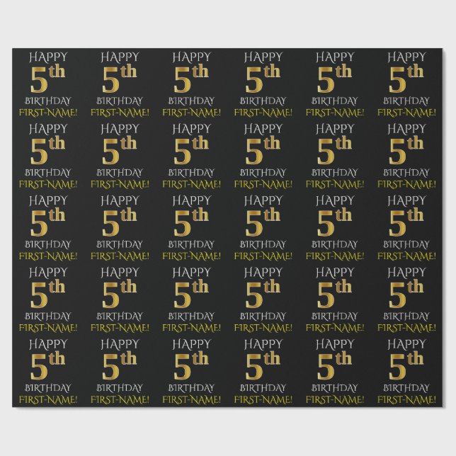 Papier Cadeau Papier noir, "HAPPY 5th BIRTHDAY" (Plat)