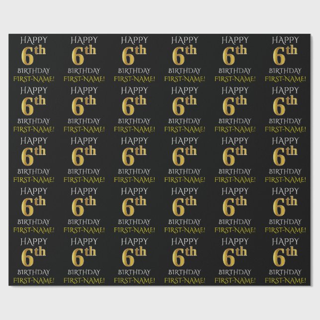 Papier Cadeau Papier noir, "HAPPY 6th BIRTHDAY" (Plat)