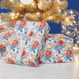 Papier Cadeau Papier Rose rouge et bleu à envelopper Roses Vinta