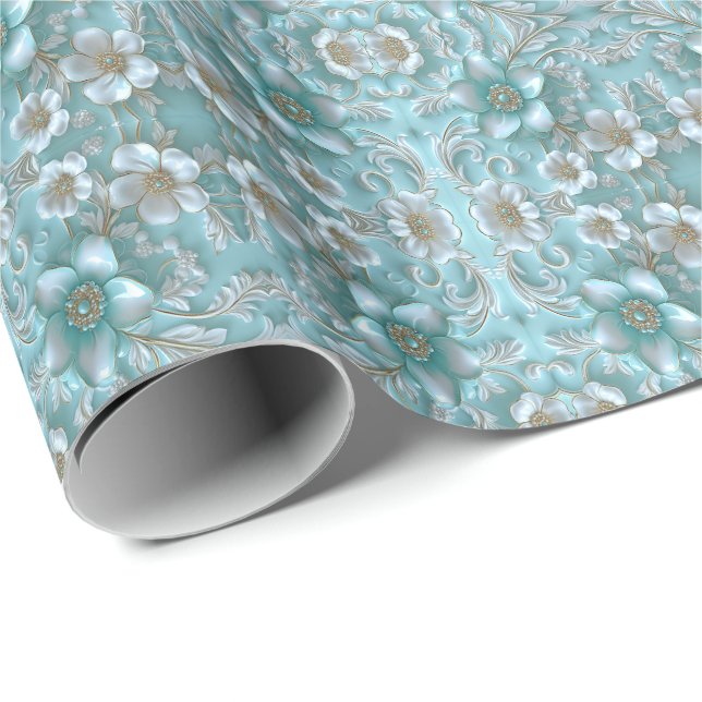 Papier Cadeau Papier turquoise à enveloppement floral blanc (Coin rond)