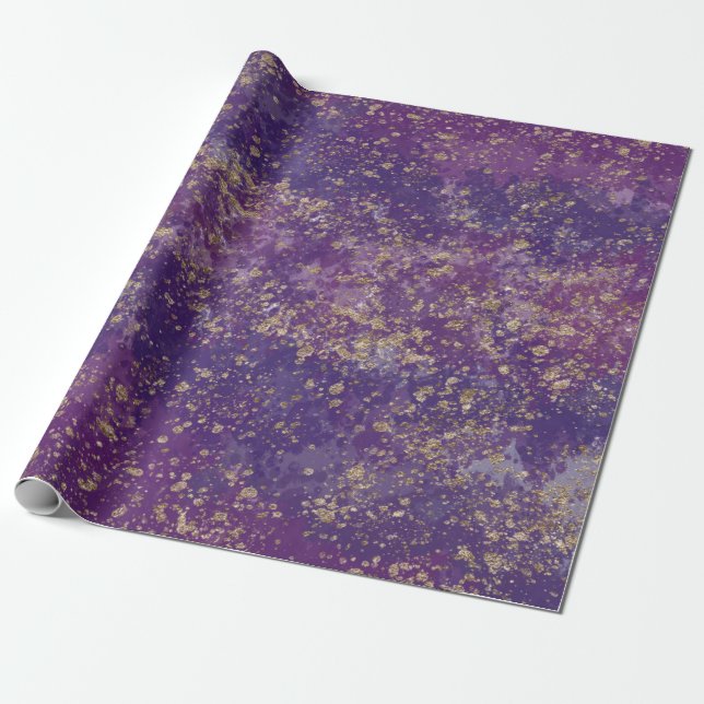 Papier Cadeau Papier violet et or éclaboussé de glamour moderne (Déroulé)