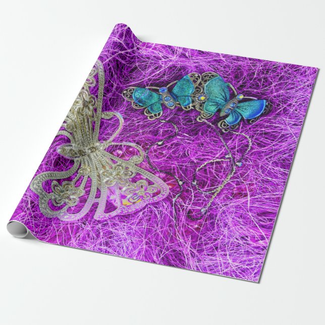Papier Cadeau Papillon bleu Turquoise doré jaune doré (Déroulé)