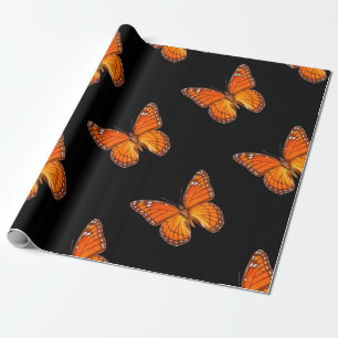 PAPIER CADEAU PAPILLON DE MONARQUE ORANGE SUR LA COULEUR NOIRE