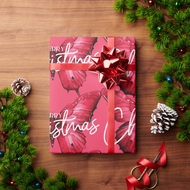 Papier Cadeau Papillon de Noël rose moderne Joyeux (Cadeau de vacances)