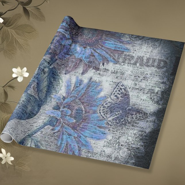 Papier Cadeau Papillon de tournesol rustique bleu Ephémère (Créateur téléchargé)