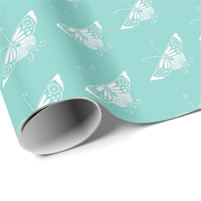Papier Cadeau Papillon déco stylisé - bleu oeuf de robin (Coin rond)