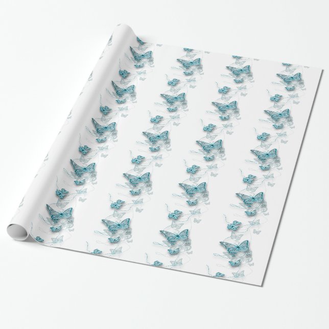 Papier Cadeau papillon mariage bleu blanc (Déroulé)