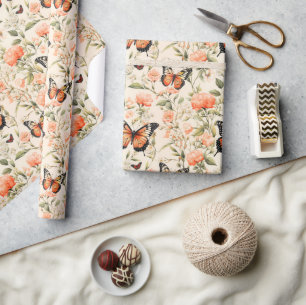 Papier Cadeau Papillon monarque Orange Floral
