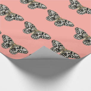 Papier Cadeau Papillon noir et blanc, fond rose corail