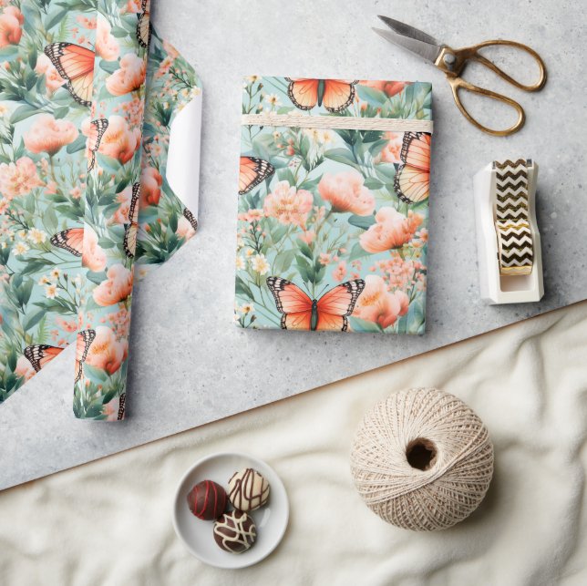 Papier Cadeau Papillon orange Orange Vert Floral (Artisanat)