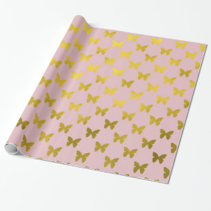 Papier Cadeau Papillon rose or Papillons Métallurgiques Faux Pap