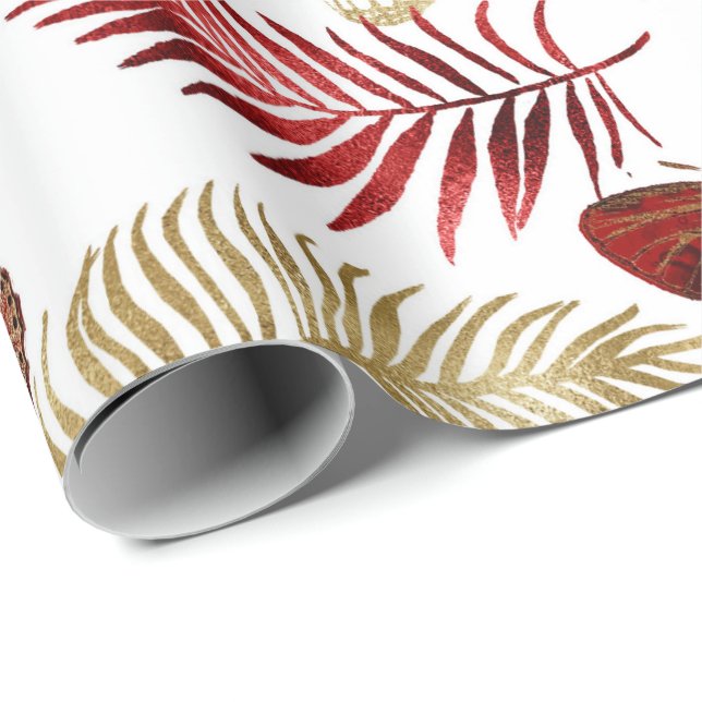 Papier Cadeau Papillon rouge Feuille de palme florale Élégant Or (Coin rond)