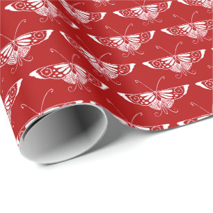 Papier Cadeau Papillon stylisé Déco - rouge foncé et blanc